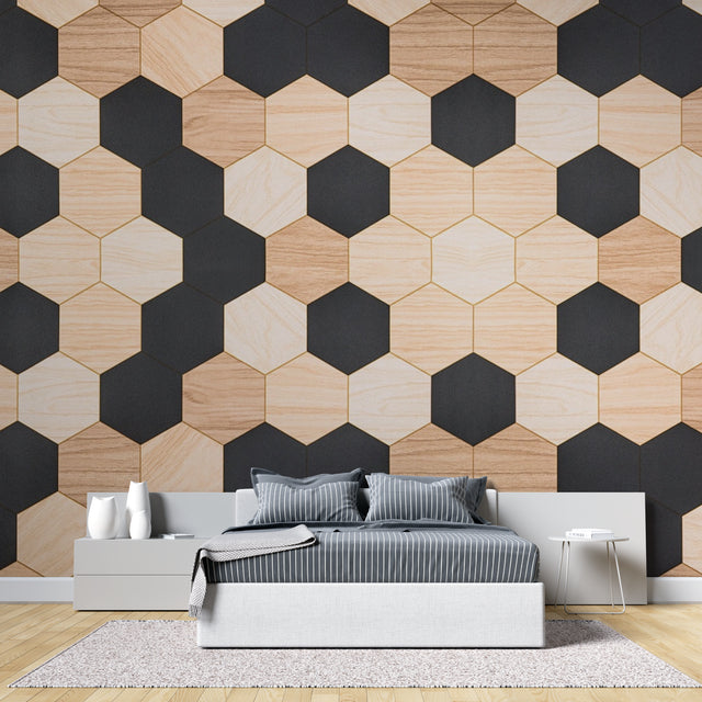 Modern Geometric Hexagon Wallpaper showcased in a minimalist living room with black and wood tones