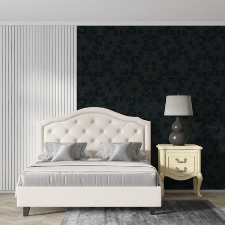 Black geometric Art Deco wallpaper in modern dining room with dramatic lighting