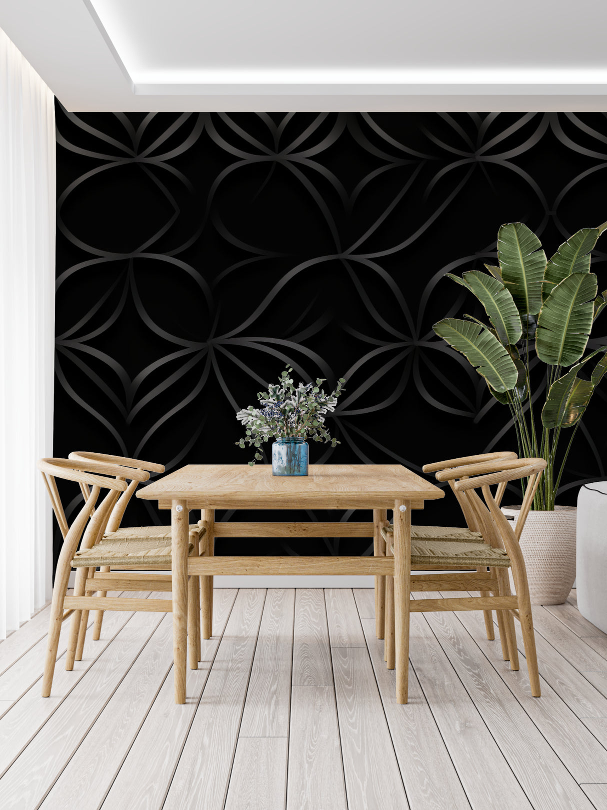 Art Deco geometric pattern wallpaper creating drama in master bedroom