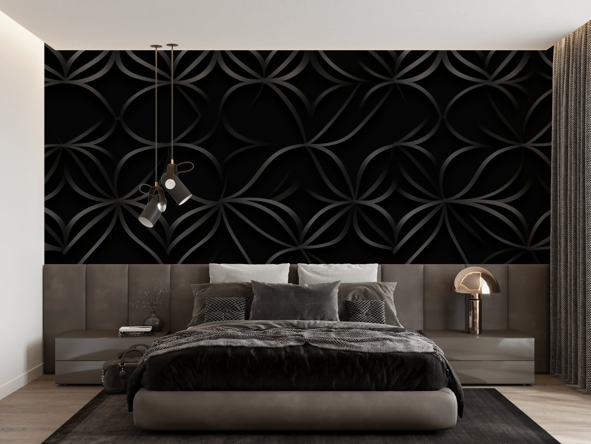 Modern black geometric wallpaper in minimalist living room setting
