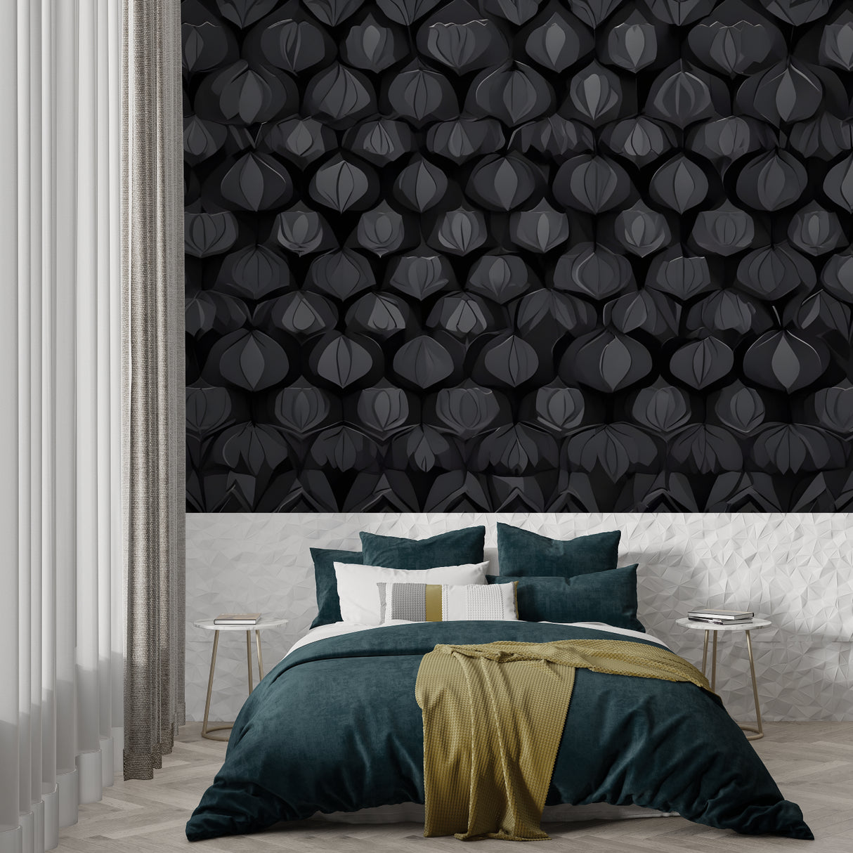 Art Deco pattern wall mural in dining room with pendant lighting