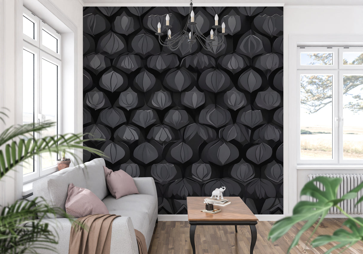 Modern black geometric wallpaper in home office setting with desk and chair