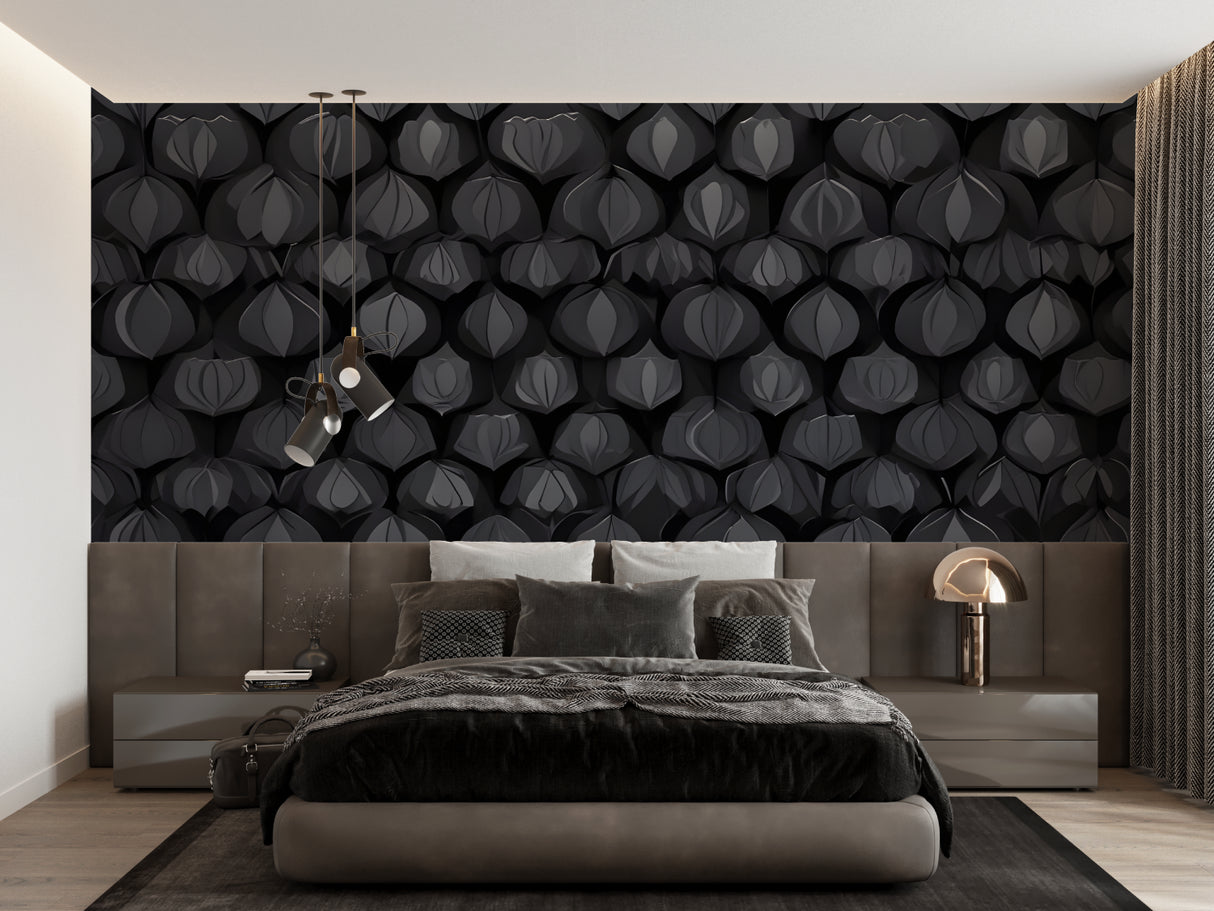 Black Art Deco wallpaper pattern in hotel lobby with modern furniture