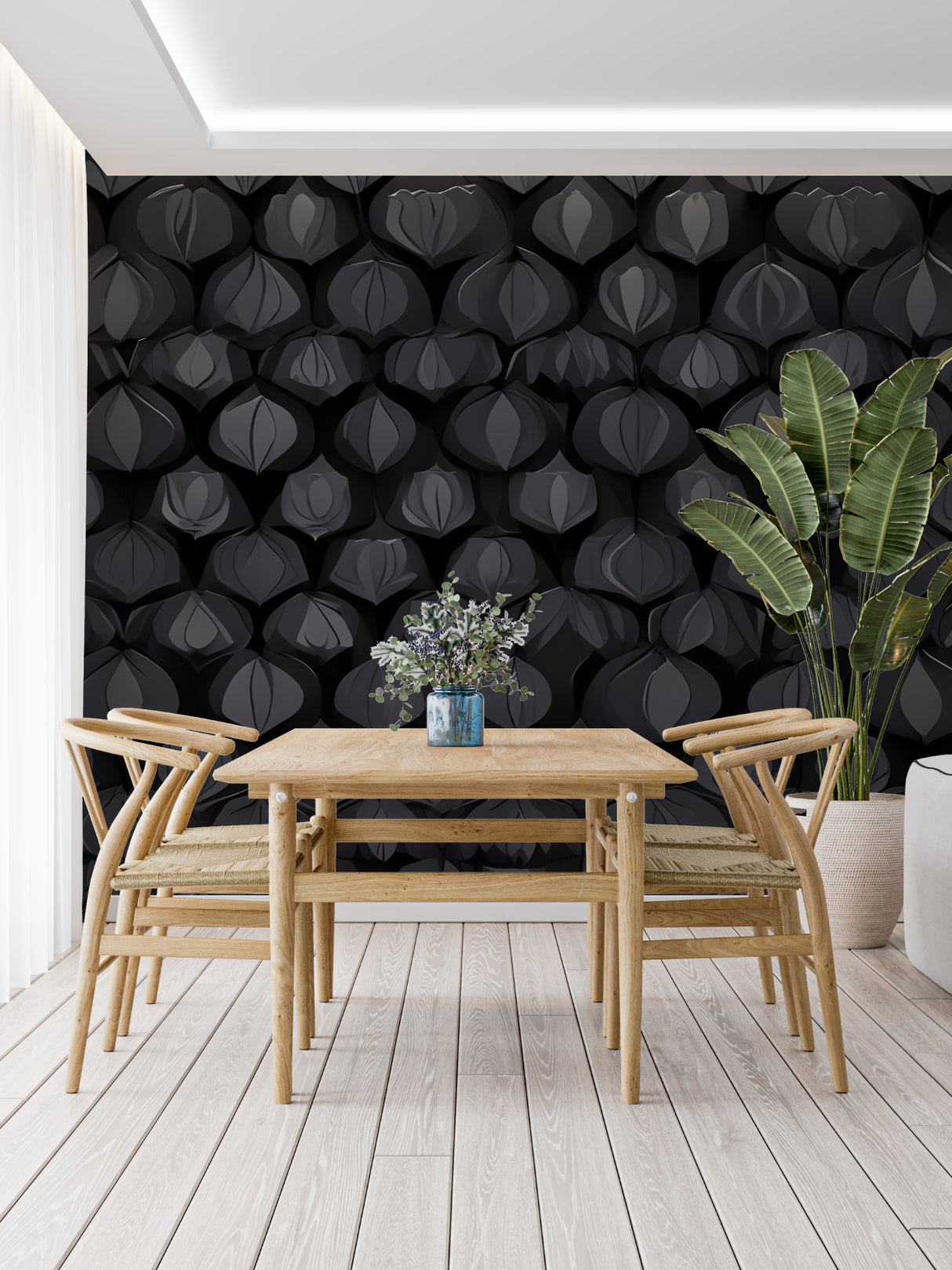 Geometric pattern mural in master bedroom with contemporary lighting