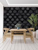 Geometric pattern mural in master bedroom with contemporary lighting