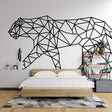 Geometric black panther line art wallpaper making a bold statement in a minimalist living room with white furniture