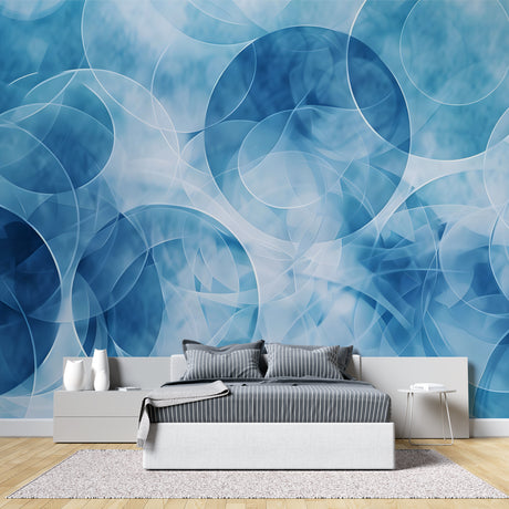 Black polka dot geometric wallpaper in a bright modern living room creating depth and movement