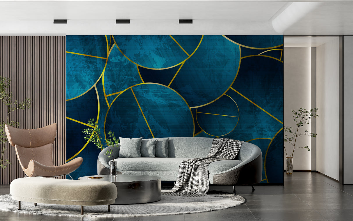 Circular pattern wallpaper adding elegance to a minimalist dining space