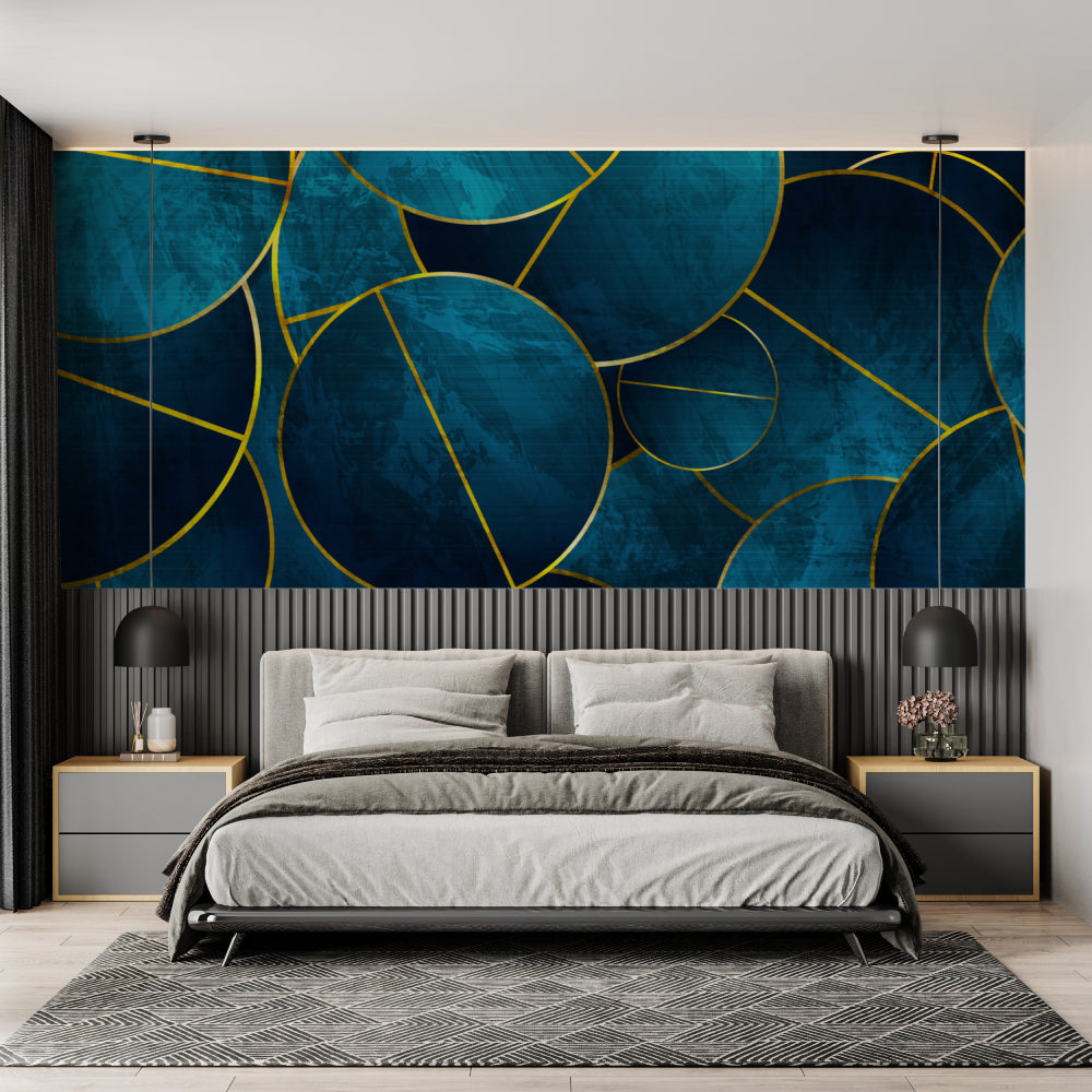 Geometric blue and gold wall mural brightening a home office setup