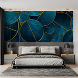 Geometric blue and gold wall mural brightening a home office setup