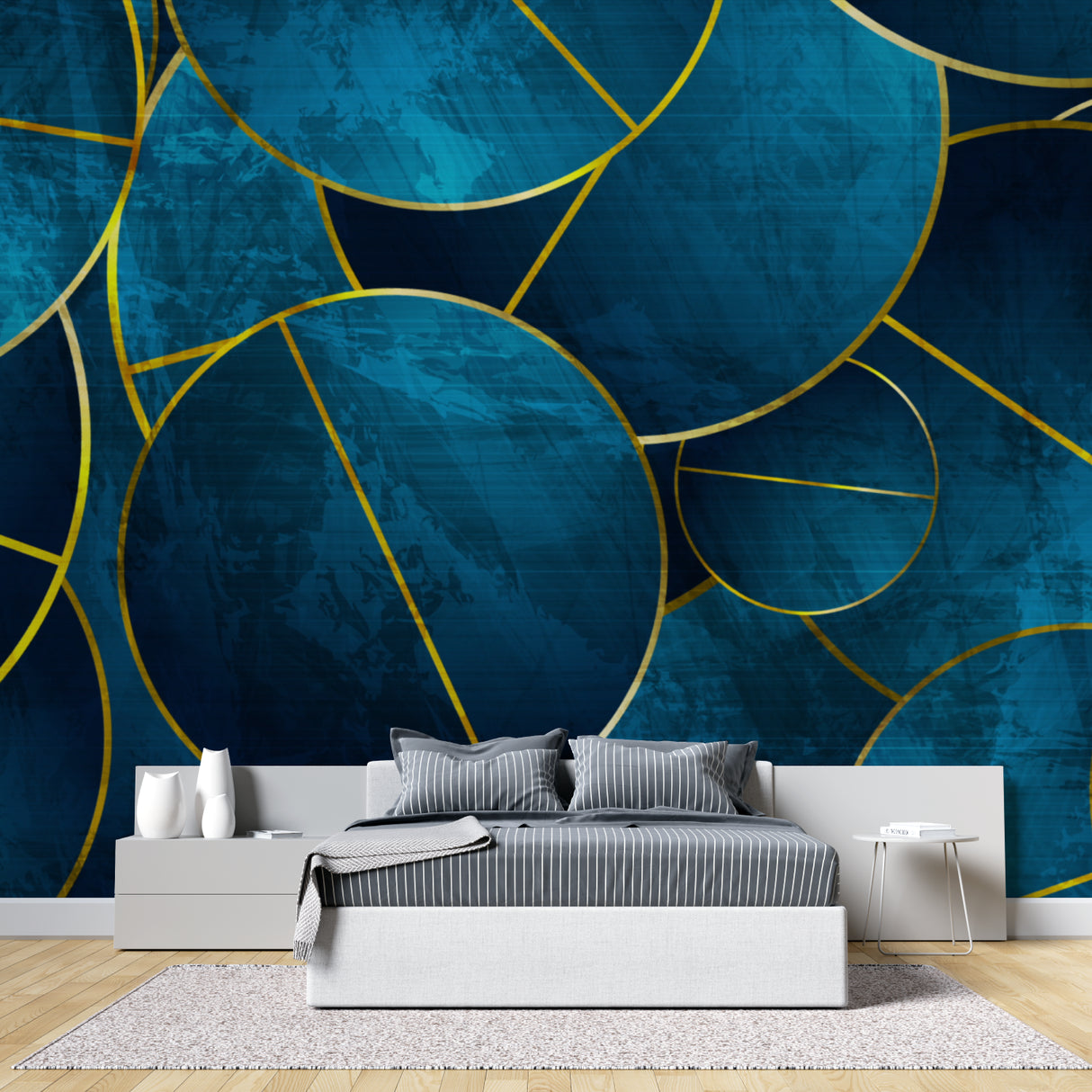 Modern geometric wallpaper showcased in a luxury master bedroom