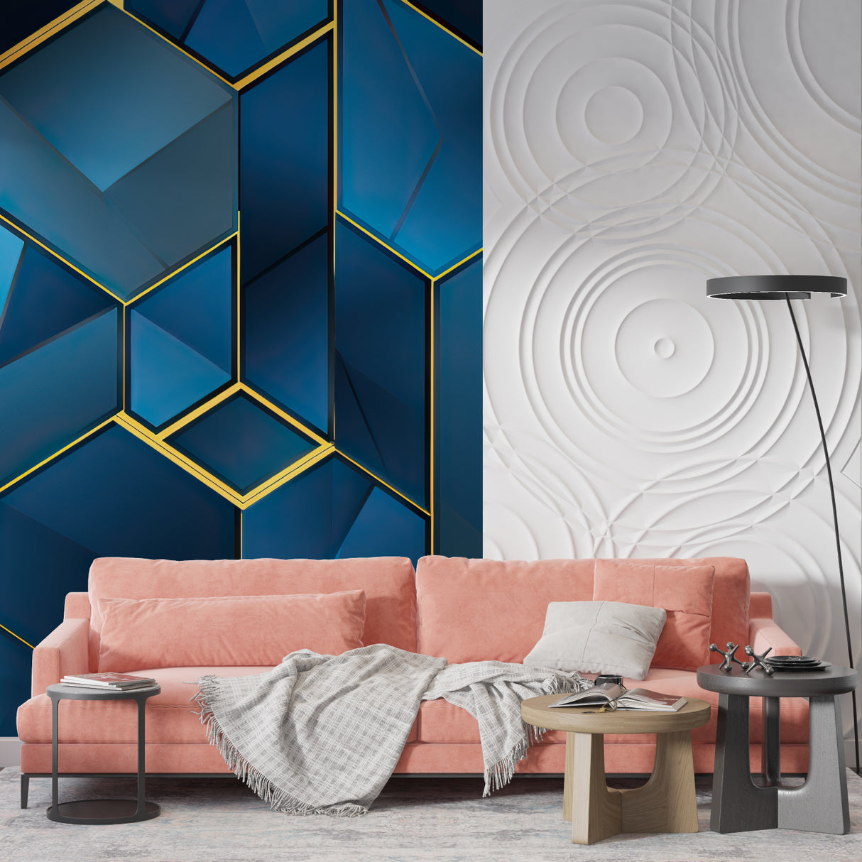 Bedroom featuring Modern Geometric Wallpaper in blue and gold creating calm atmosphere