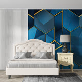 Hallway transformed with 3D Hexagon Wallpaper in deep blue and metallic gold