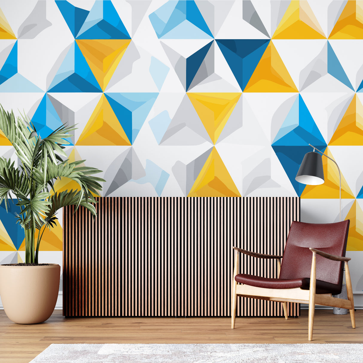 Modern triangle pattern creating depth in a minimalist bedroom setting