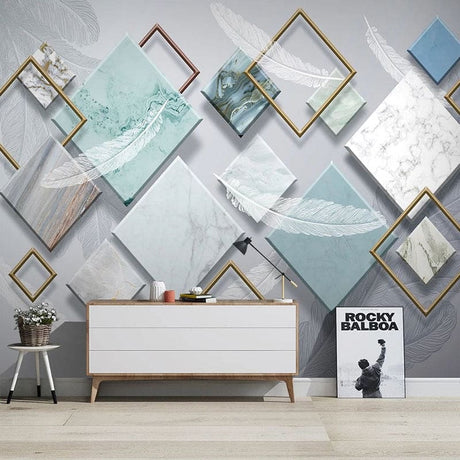 Geometric marble wallpaper with gold frames in modern living room showing depth and dimension