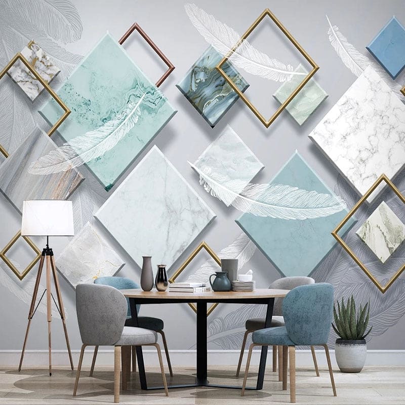 Geometric blue and gold wallpaper making statement in dining room with natural light