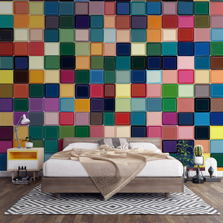 Modern geometric mosaic wallpaper showcased in a bright living room with contemporary furniture