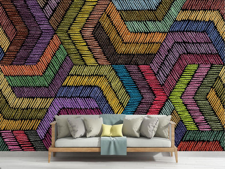 Modern living room featuring vibrant Geometric Rainbow Chevron wallpaper creating an energetic accent wall