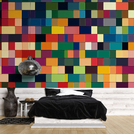 Geometric mosaic wallpaper bringing color and depth to a modern living room with minimalist furniture