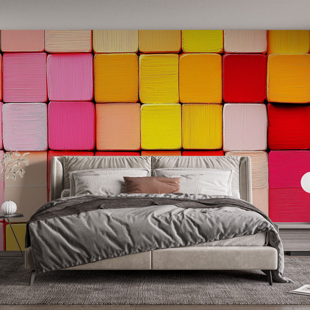 Modern geometric square pattern wallpaper creating a bold statement wall in a bright contemporary living room