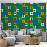 Modern geometric wallpaper with colorful squares brightening a minimalist living room with sleek furniture