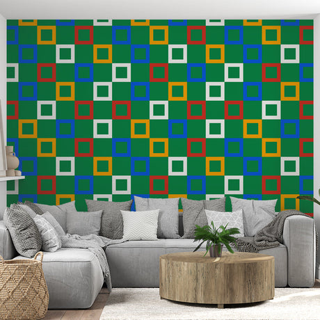 Modern geometric wallpaper with colorful squares brightening a minimalist living room with sleek furniture