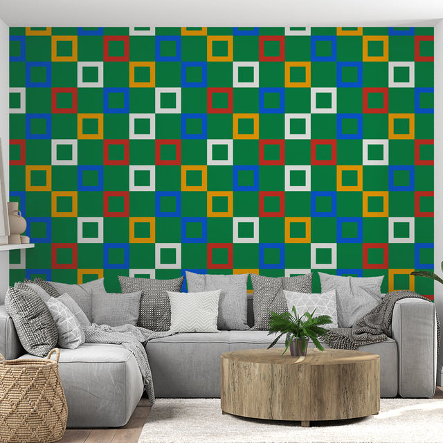 Modern geometric wallpaper with colorful squares brightening a minimalist living room with sleek furniture