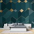 Green and gold geometric wallpaper creating depth in a modern living room with natural lighting