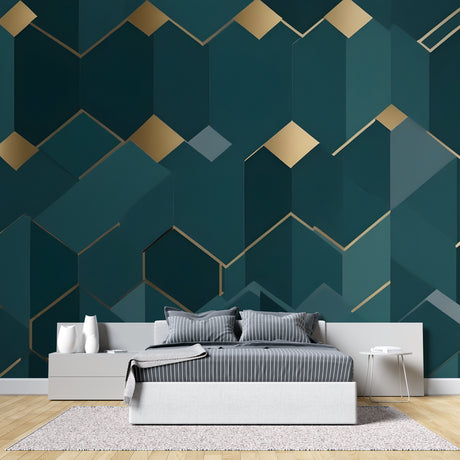 Green and gold geometric wallpaper creating depth in a modern living room with natural lighting