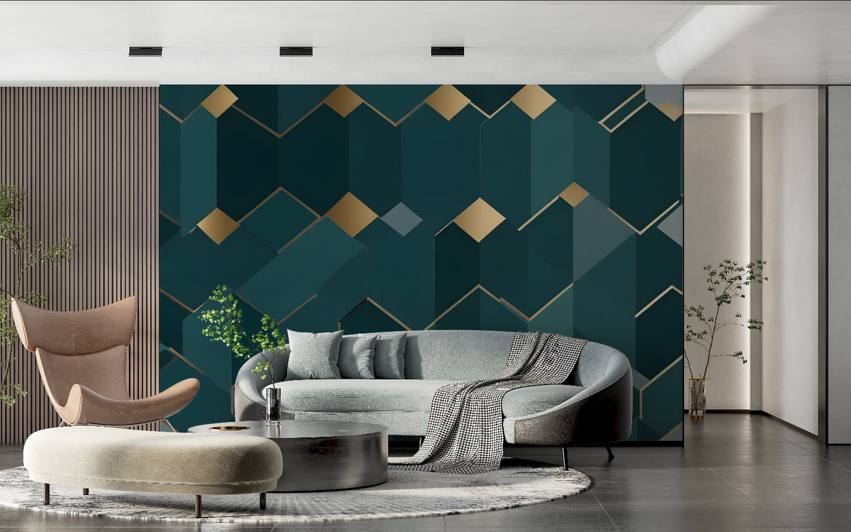 Geometric green and gold wall mural in a luxurious master bedroom