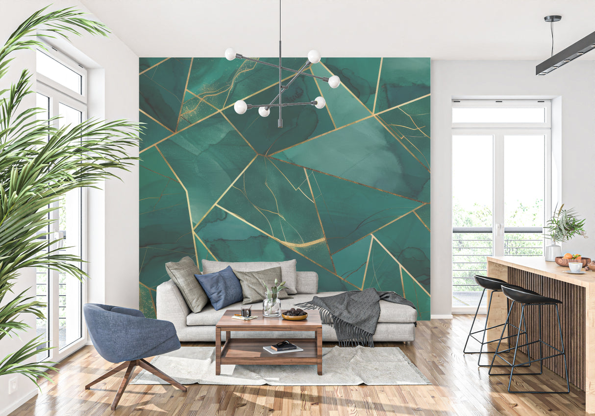 Emerald green geometric wallpaper with gold accents in dining room with contemporary furniture