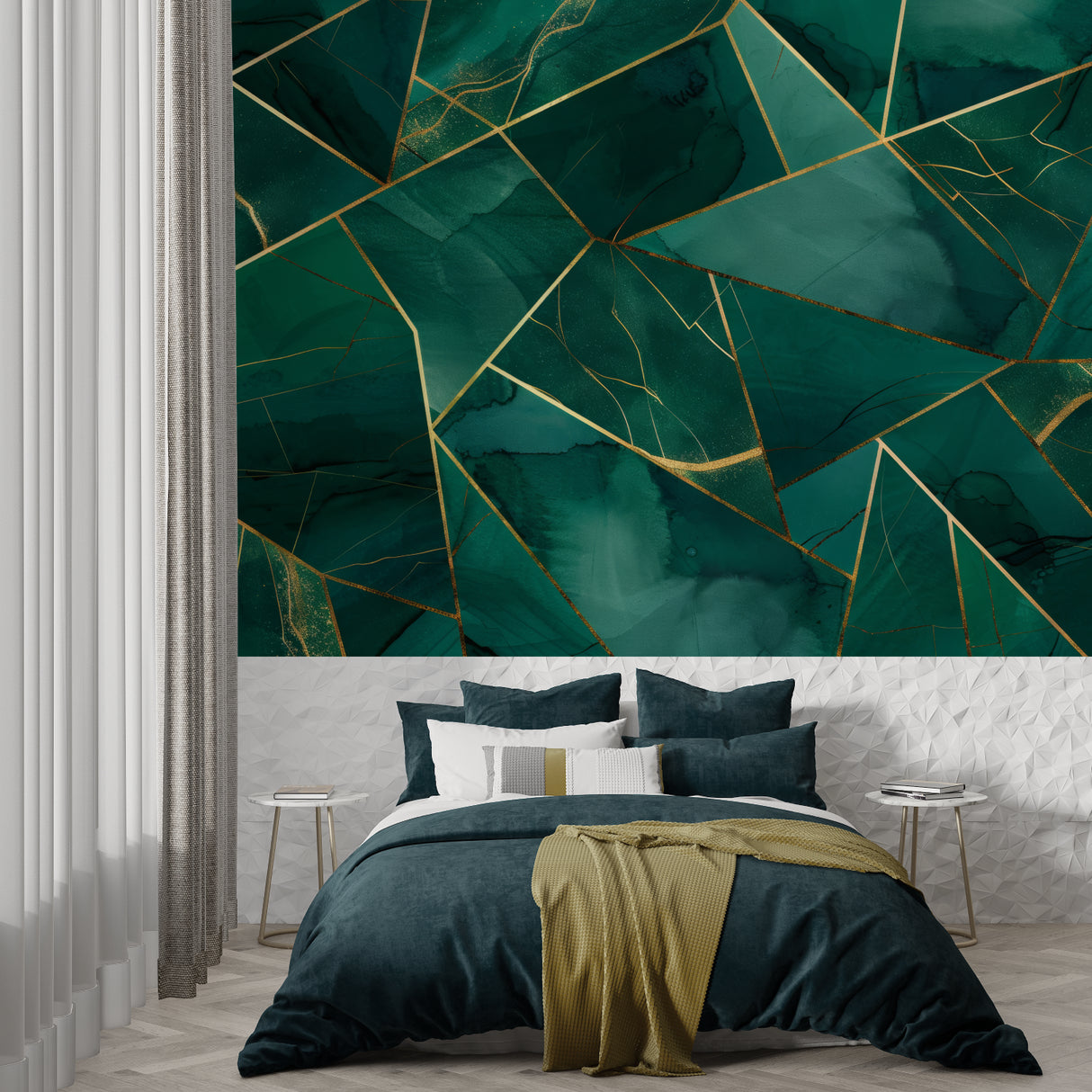 Modern geometric wallpaper featuring green and gold pattern in master bedroom setting