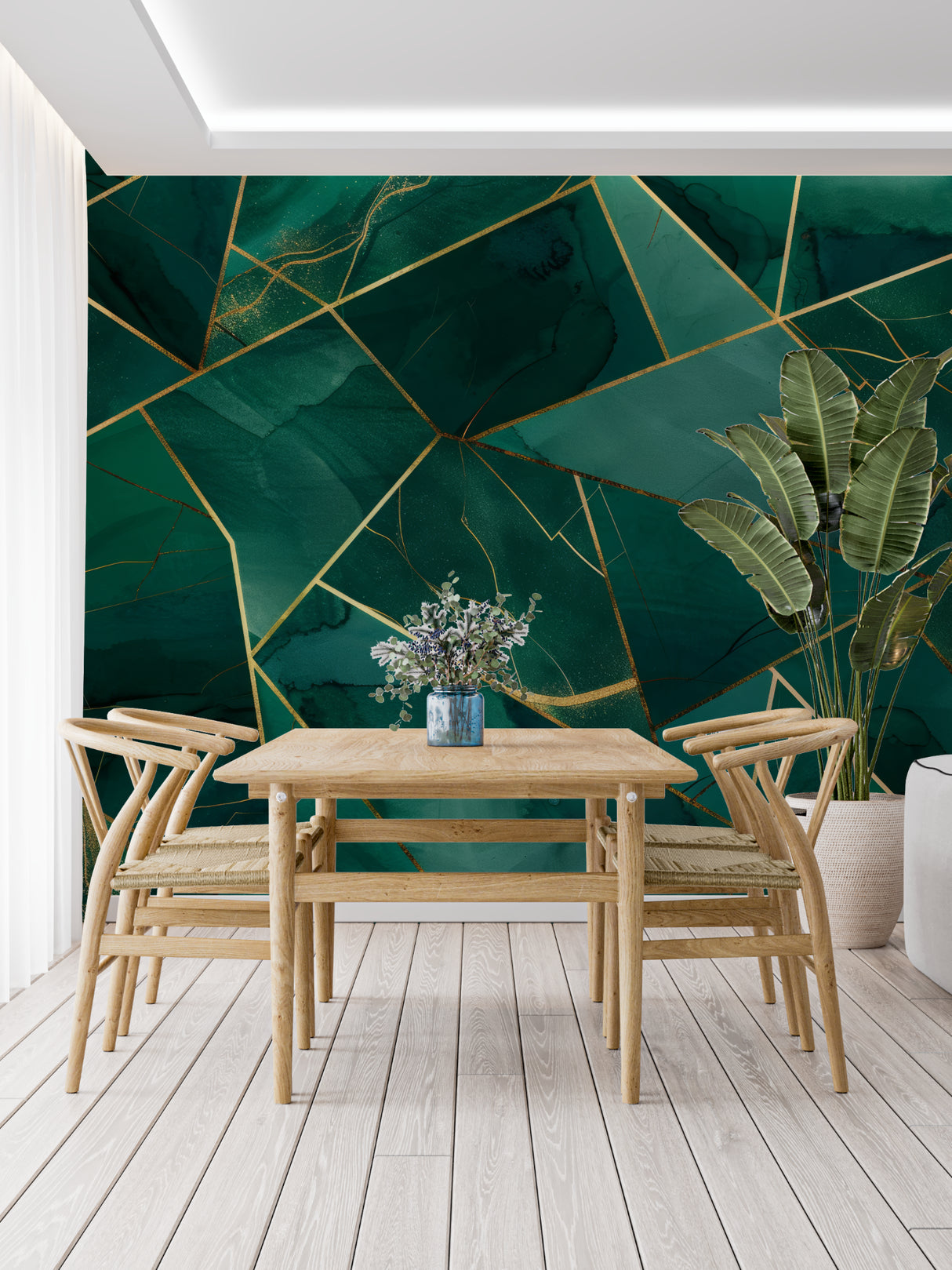 Green and gold geometric pattern wallpaper in home office with natural lighting