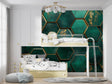 Geometric hexagon wallpaper in modern living room showing emerald and gold pattern catching natural light