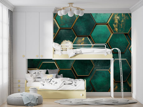 Geometric hexagon wallpaper in modern living room showing emerald and gold pattern catching natural light