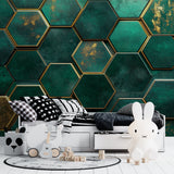 Emerald geometric wallpaper creating depth in dining room with evening lighting