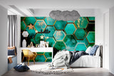 Green and gold hexagon wallpaper in home office setting with modern furniture