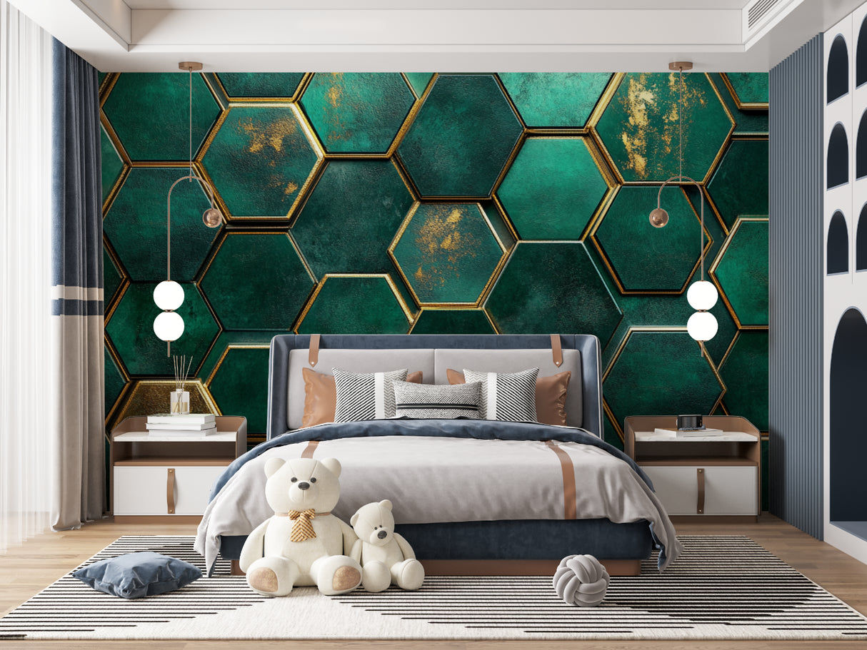 Geometric wallpaper detail shot in master bedroom showing metallic gold accents