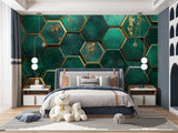 Geometric wallpaper detail shot in master bedroom showing metallic gold accents