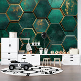 Emerald hexagon pattern in hallway creating dramatic entrance effect