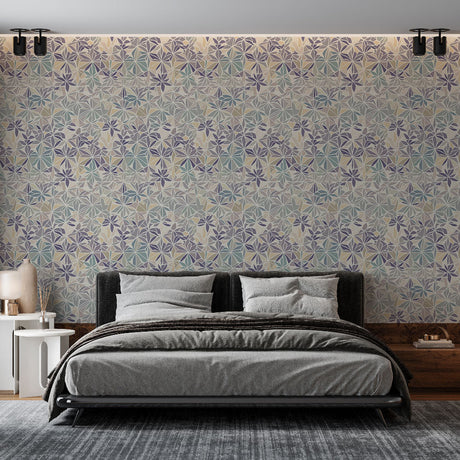 Geometric floral wallpaper in pastel colors brightening a modern living room with clean furniture and natural light