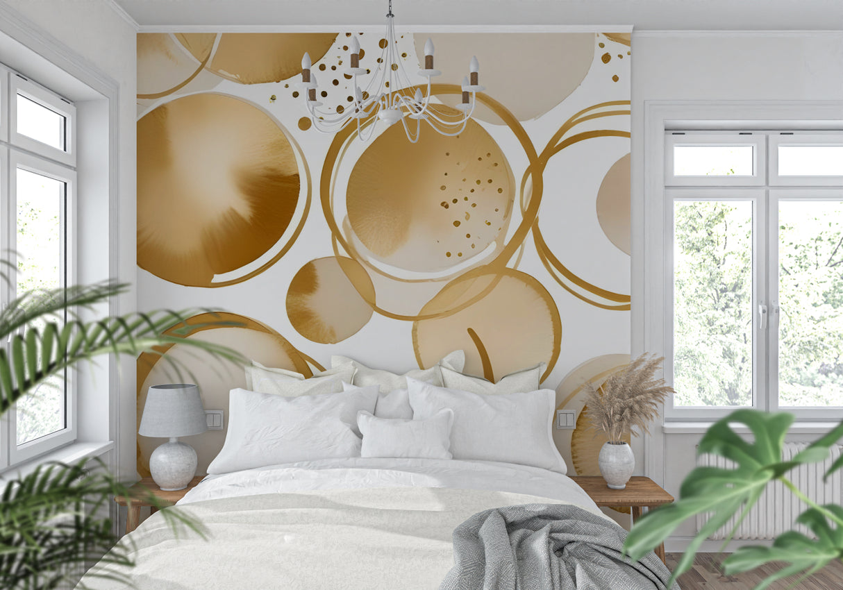 Modern geometric circle wallpaper adding sophistication to home office space