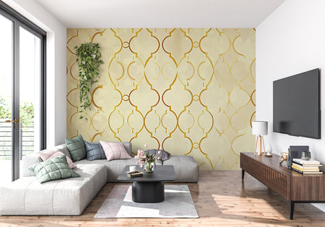 Geometric gold lattice wallpaper in modern living room creating an elegant atmosphere with soft lighting