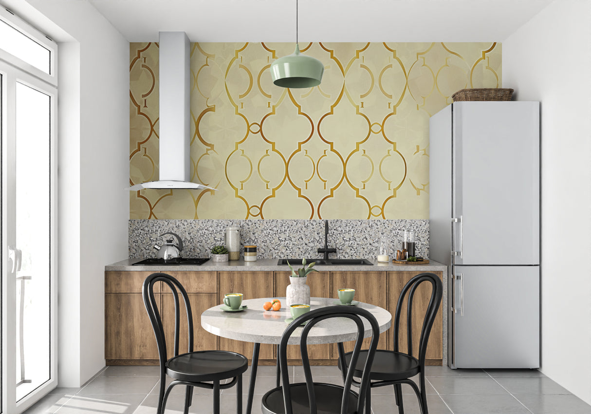 Gold geometric wallpaper pattern in dining room showcasing warm metallic accents during daylight