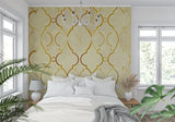 Luxury lattice wallpaper design in master bedroom with evening lighting highlighting gold details