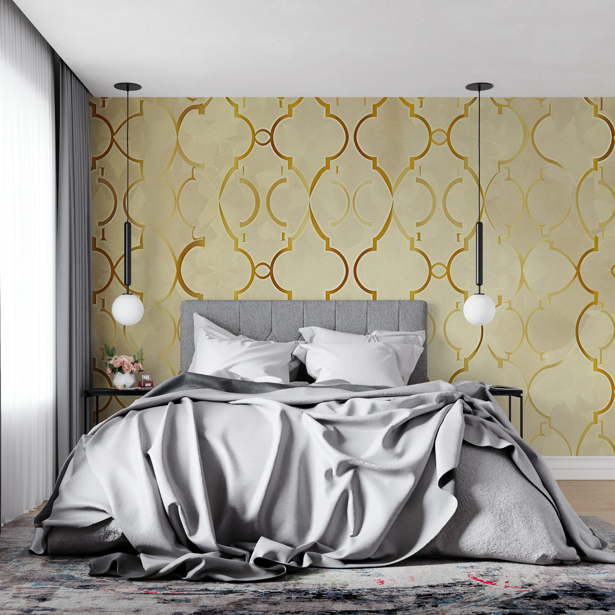 Gold pattern wallpaper creating depth in home office with natural light streaming through windows