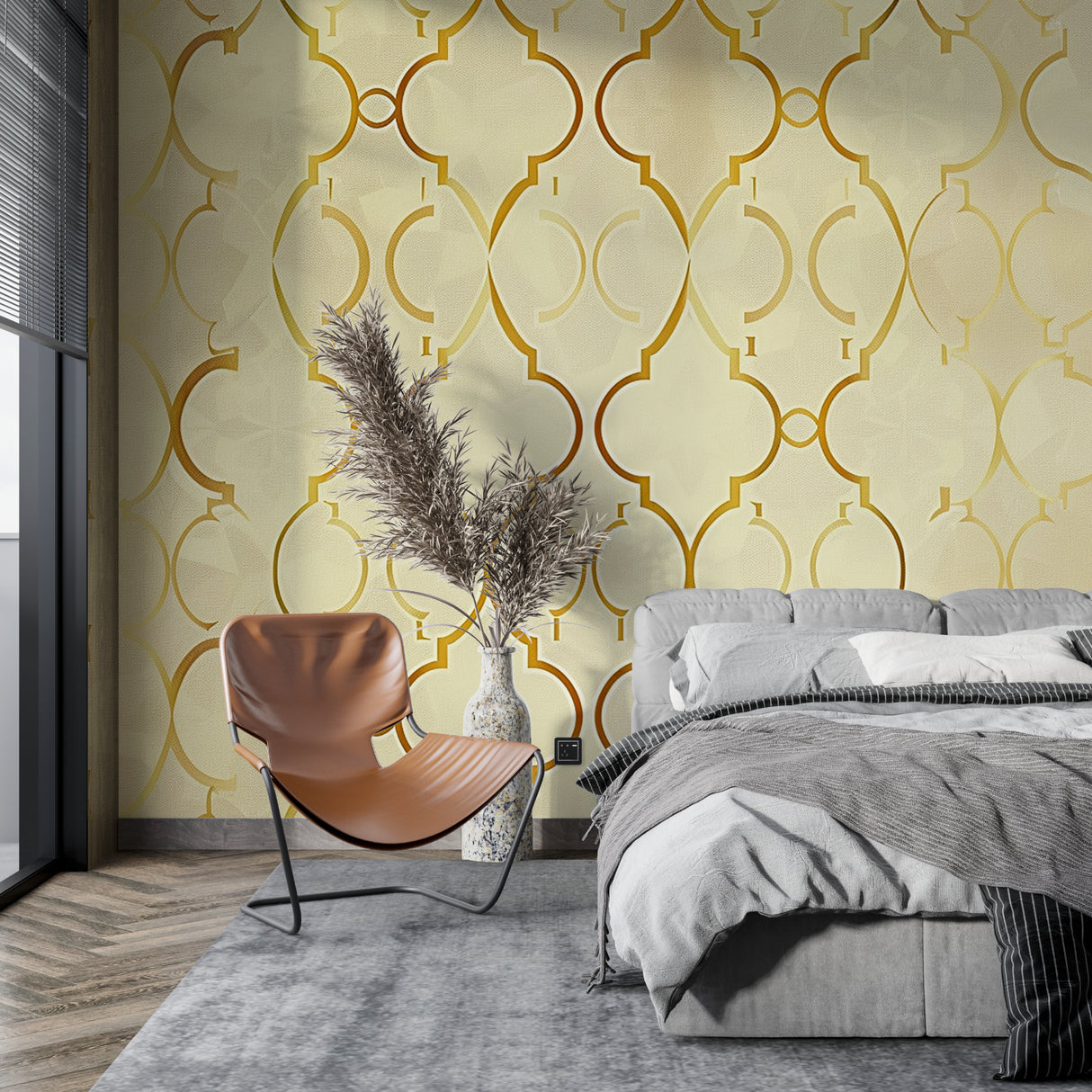 Geometric wallpaper installation in hallway showing pattern continuity and light reflection