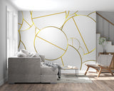 White and gold circle wallpaper in dining room with elegant lighting