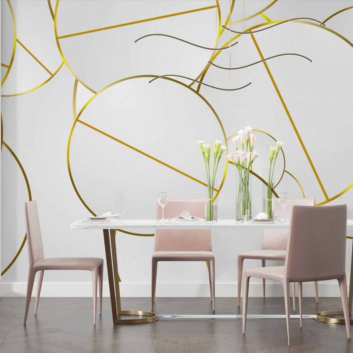 Modern gold geometric wallpaper in master bedroom making space feel larger