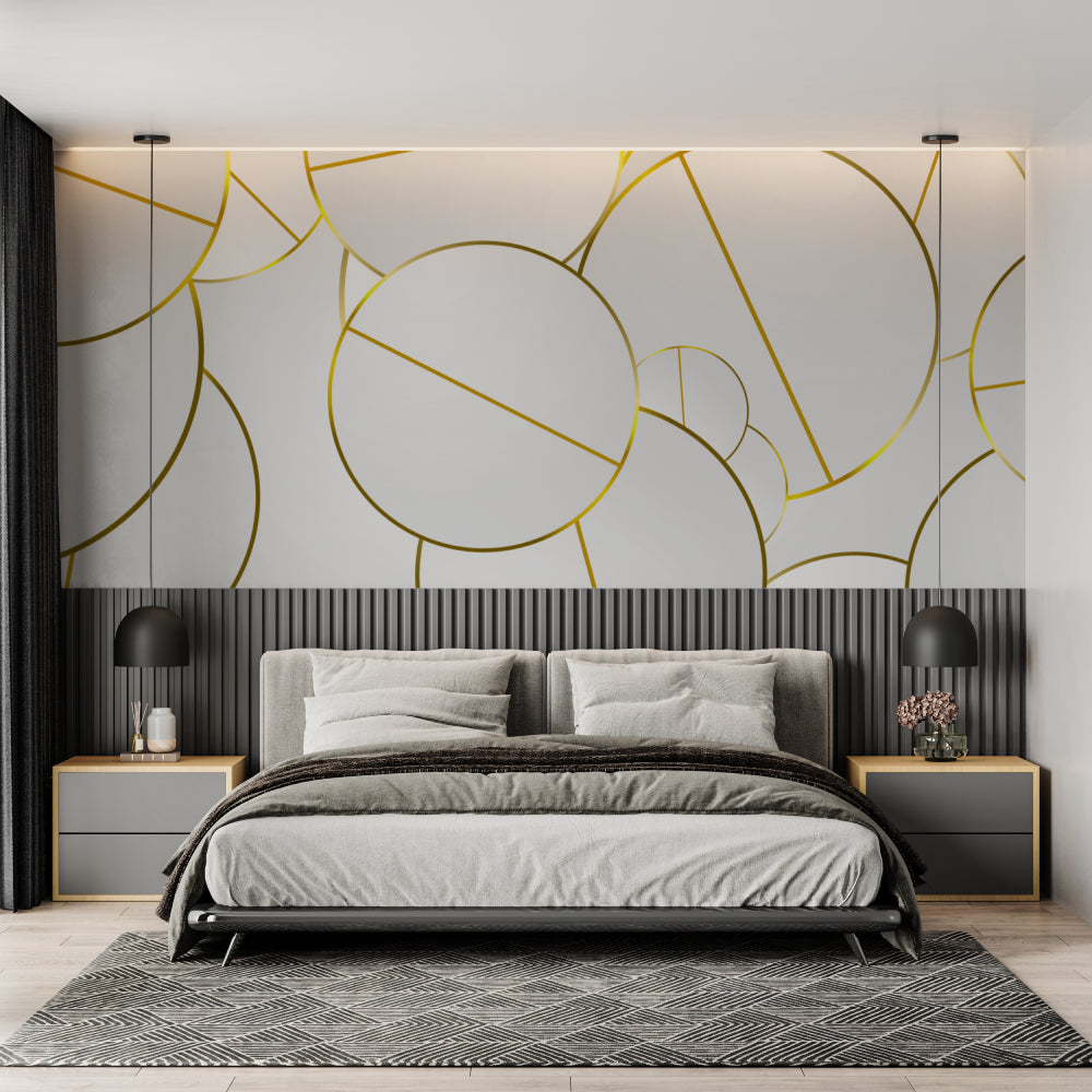 Gold linear circle wallpaper in home office showing pattern detail
